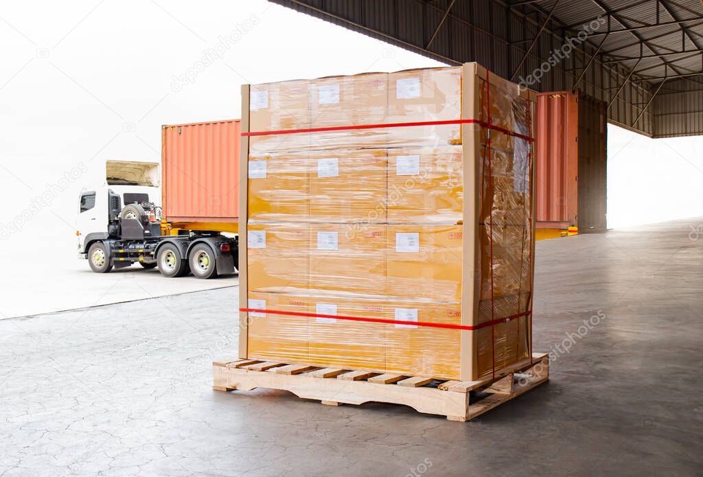 Packaging Boxes Wrapped Plastic on Pallets Loading into Shipping Cargo Container. Delivery Trucks Parked Loading at Dock Warehouse. Supply Chain Customers Shipment Logistics. Freight Truck Transport.