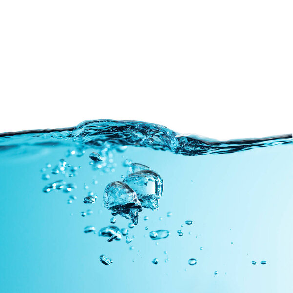 Water Surface with Ripple and Bubbles Float Up on White Background. Water Wave