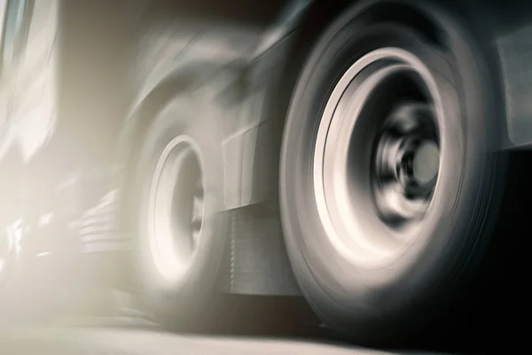 Semi Truck Speeding Motion Fast Spinning Wheels Trucks Driving Road — Stockfoto