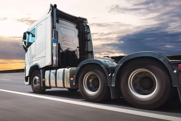Semi Truck Driving Road Sunset Sky Fast Spinning Wheels Diesel — Stockfoto