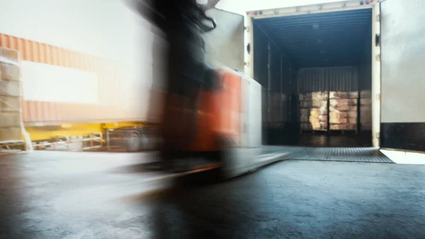 Blur Motion of Workers Driving Forklift Unloading Cargo Pallets into Container Trucks. Shipping Warehouse. Delivery Service Shipment Boxes. Supply Chain Goods. Warehouse Cargo Logistics Transport.