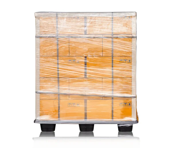 Cajas Embalaje Plástico Apilado Envuelto Con Paleta Forma Protector Borde — Foto de Stock