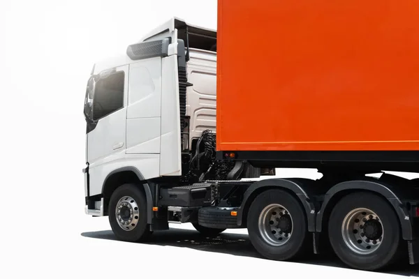Semi TrailerTrucks Parked on White Background. Shipping Container Trucks. Engine Diesel Trucks. Lorry Tractor. Industry Freight Trucks Logistics Cargo Transport.