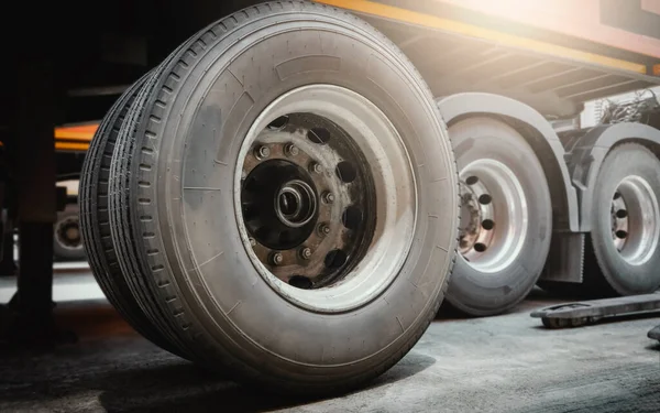 Truck Spare Wheels Tyre Waiting for to Change. Big Truck Wheels Tires. Freight Trucks Cargo Transport.