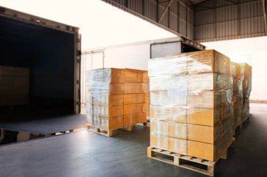 Paket Kutuları Paletlere Paketlenmiş Plastik Kargo Konteynırına Yükleniyor. Nakliye kamyonları. Tedarik zinciri. Sevkiyat Kutuları. Dağıtım Deposu Nakliye Aracı Lojistiği.