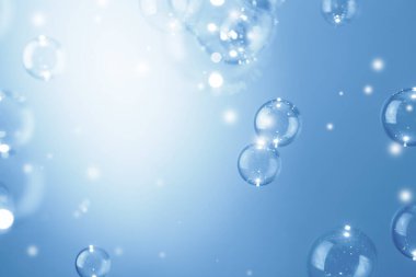 Güzel parlak şeffaf mavi sabun köpüğü arkaplanı. Sabun köpüklü su..