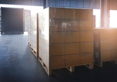 Paketleme Kutuları Paletlere Paketlenmiş Kargo Konteynırıyla Yükleme. Kamyonlar rıhtım deposuna park etmiş. Sevkiyat Malzeme Zinciri. Dağıtım Nakliye Aracı Lojistiği
