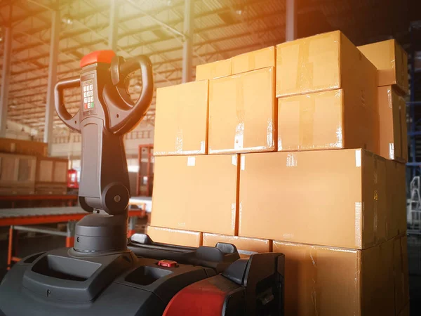 Electric Forklift Pallet Jack Packaging Boxes Stacked Pallet Distribution Warehouse — Stock Fotó