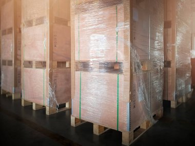 Wooden Crate Boxes Stacked in Storage Warehouse. Supply Chain. Storehouse Distribution. Shipping Supplies Warehouse Logistics.