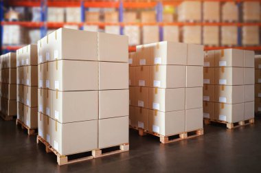 Packaging Boxes Stacked on Pallets in Storage Warehouse. Cartons, Cardboard Boxes. Supply Chain. Storehouse Distribution. Cargo Shipping Warehouse Logistics.