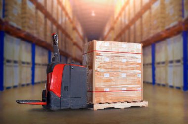 Electric Forklift Pallet Jack with Packaging Boxes Stacked on Pallet in Storage Warehouse. Cargo Shipping. Warehouse. Inventory Management. Tall Shelf Storage. Supplies Warehouse Logistics.