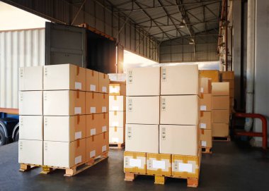 Packaging Boxes Stacked on Pallets Loading into Cargo Container. Cardboard Boxes. Shipping Trucks. Supply Chain Shipment. Distribution Supplies Warehouse. Freight Truck Transport Warehouse Logistics.