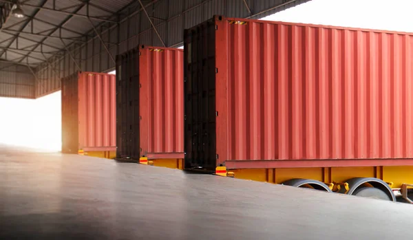 Cargo Container Trucks Parked Loading Dock at Dock Warehouse. Shipping Trucks. Cargo Freight Trucks Transport. Warehouse Logistics.