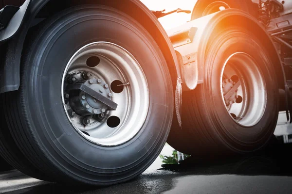 Big Semi Truck Wheels Tires. Rubber, Vechicle Tyres. Freight Trucks Transport Logistics.