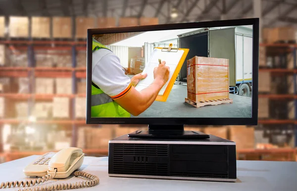 Computer Screen with Workers Controlling the Loading of Cargo into Shipping containers. Cargo Shipment. Inventory Management. Supply Chain. Storehouse. Shipping Supplies Warehouse Logistics.