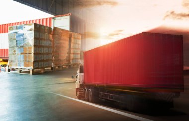 Double Exposure of Semi TrailerTrucks Driving on The Road. Packaging Boxes Stacked on Pallets Loading into Cargo Container. Supply Chain. Shipping Freight Trucks. Distribution Logistics Warehouse.