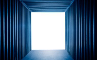 Empty Shipping Cargo Container. Dark Room Space Opening White Backdrop. Abstract Background
