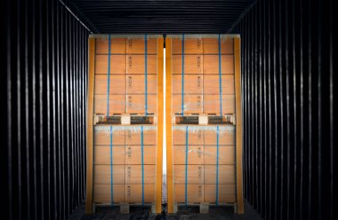 Packaging Boxes Stacked on Pallets in Cargo Container. Delivery Trucks. Supply Chain. Loading Cargo Shipment. Shipping Freight Truck Transport Logistics.