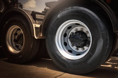 Big Semi Truck Wheels Tires. Rubber, Tyres. Freight Trucks Transport Logistics.