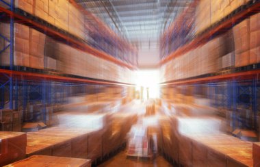 Blurred Warehouse For Industrial or Logistics Background. Interior Warehouse Space Storage of Tall Shelf. Distribution Supplies Warehouse Storage.