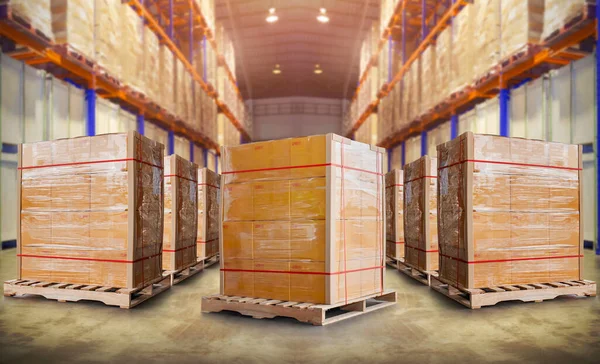 Packaging Boxes Wrapped Plastic Stacked on Pallets in Storage Warehouse. Supply Chain. Storehouse Distribution. Cargo Shipping Supplies Warehouse Logistics.