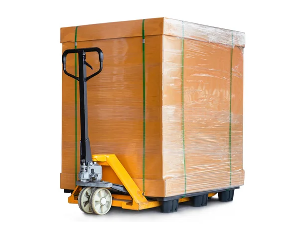 Cargo Boxes Plastic Pallet Hand Pallet Truck Isolated White Background — Fotografia de Stock