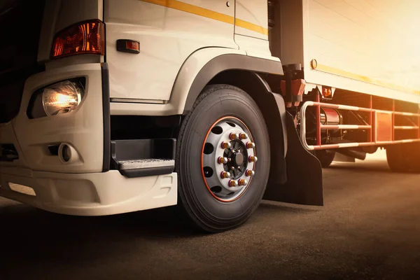 Trucks on Parking. Truck Wheels Tires. Tractor Lorry. Freight Trucks Cargo Transport Logistics