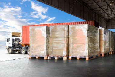 Packaging Boxes Wrapped Plastic Stacked on Pallets Loading into Cargo Container. Shipping Trucks. Supply Chain Shipment. Distribution Supplies Warehouse. Freight Truck Transport Logistics.