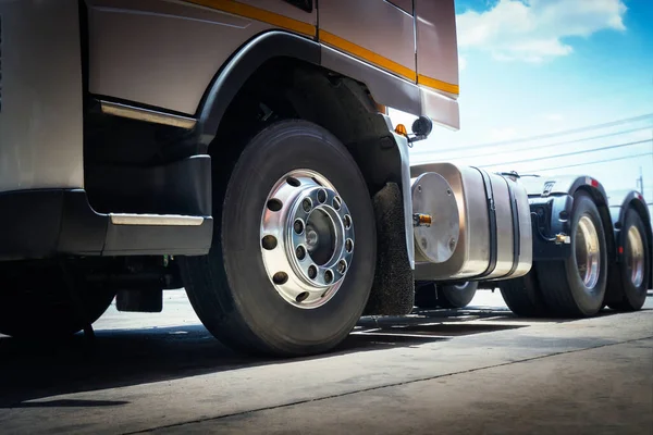 Semi Truck on Parking. Truck Wheels Tires. Rubber, Truck Tyres. Freight Trucks Transport Logistics