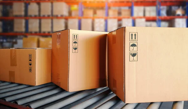 Packaging Boxes Moving on Conveyor Belt. Cartons, Cardboard Boxes. Storehouse. Distribution Warehouse. Shipping Supplies Warehouse. Cargo Shipment Transport Logistics.