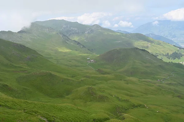 Rolling Πράσινους Λόφους Της Ελβετίας Συννεφιασμένο Μπλε Του Ουρανού Μια — Φωτογραφία Αρχείου