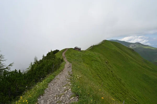 Krajobraz Szlaku Turystycznego Alpach Prowadzącego Wzdłuż Grzbietu Trawiastego Wzgórza — Zdjęcie stockowe