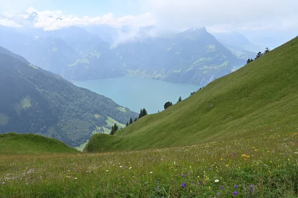 一个绿松石湖 山巅耸立在阿尔卑斯山景观的背景下 — 图库照片