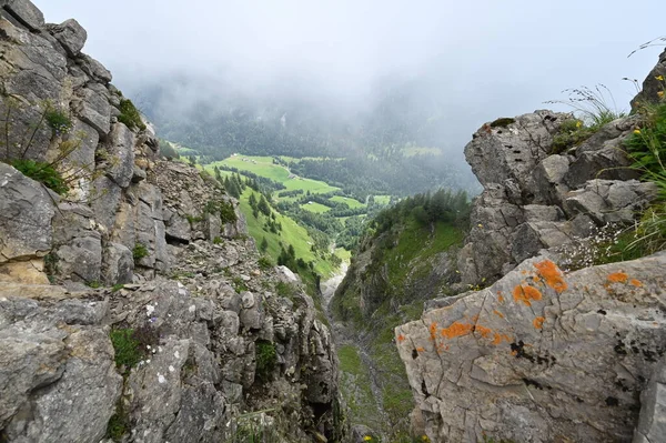 Widok Wysokiego Szczytu Szwajcarski Zielony Łąka Dolina — Zdjęcie stockowe