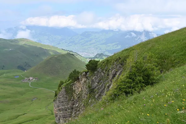 Belle Colline Rocciose Prati Verdi Con Alberi Valli Floreali Nelle — Foto Stock