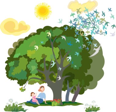 Küçük bir kız ve annesi büyük bir ağacın altında oturmuş kuşlara bakıyor ve doğada güneşli bir günün tadını çıkarıyorlar..