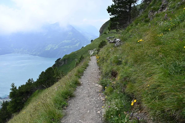 Wędrówka Ścieżką Skalną Dla Turystów Wokół Błękitnego Jeziora Szwajcarii — Zdjęcie stockowe