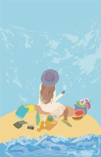 Young Lady Enjoying Picnic Beach Contemplating Ocean — Zdjęcie stockowe