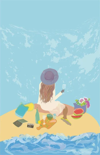 A young Lady is enjoying a picnic on the beach and contemplating ocean.