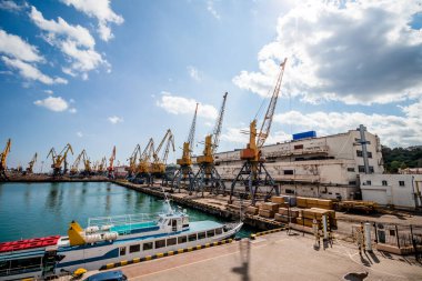 Güneşli bir günde Odessa limanı. Kargo, vinç, konteynır, yolcu gemisi.