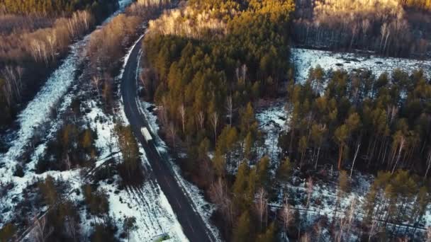 Imágenes aéreas de aviones no tripulados de un camión conduciendo por una carretera en un bosque de abetos nevados al atardecer — Vídeo de stock