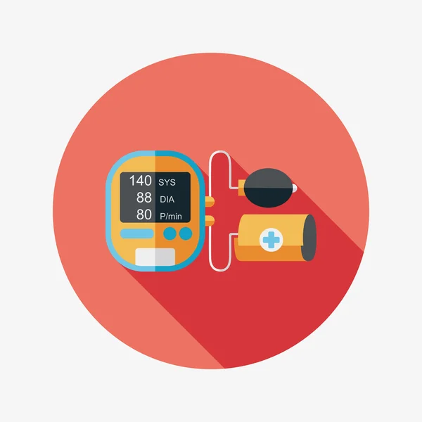 Blutdruckmessgerät Blutdruck flaches Symbol mit langem Schatten — Stockvektor