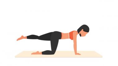 Kalça geri tepme darbesi egzersizi. Paspasın üzerinde kadın egzersizi. Spor yapan bir kadın. Genç kız karakter eğitimli 2D animasyon. Spor ve sağlıklı yaşam tarzı kavramı.