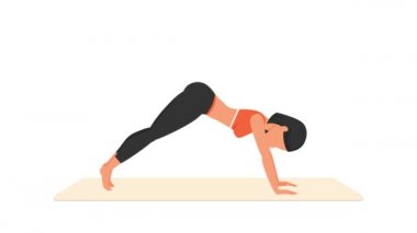 Mızrak egzersizi için düz kollu kalas. Paspasın üzerinde kadın egzersizi. Spor yapan bir kadın. Genç kız karakter eğitimli 2D animasyon. Spor ve sağlıklı yaşam tarzı kavramı.