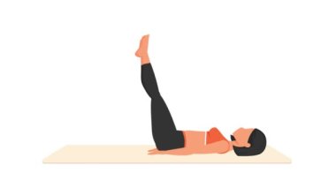 Bacak damlası egzersizi. Paspasın üzerinde kadın egzersizi. Spor yapan bir kadın. Genç kız karakter eğitimli 2D animasyon. Spor ve sağlıklı yaşam tarzı kavramı.
