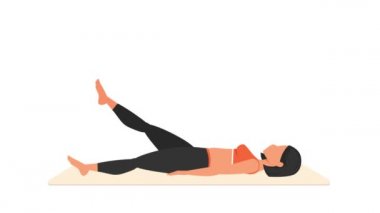 Bacak kaldırma egzersizi. Paspasın üzerinde kadın egzersizi. Spor yapan bir kadın. Genç kız karakter eğitimli 2D animasyon. Spor ve sağlıklı yaşam tarzı kavramı.