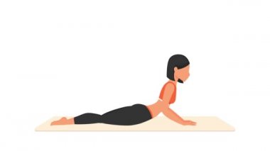 Kobra esneme egzersizi dersi. Paspasın üzerinde kadın egzersizi. Spor yapan bir kadın. Genç kız karakter eğitimli 2D animasyon. Spor ve sağlıklı yaşam tarzı kavramı.