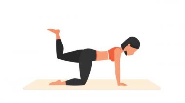 Eşek nabız egzersizi eğitimini tekmeliyor. Paspasın üzerinde kadın egzersizi. Spor yapan bir kadın. Genç kız karakter eğitimli 2D animasyon. Spor ve sağlıklı yaşam tarzı kavramı.