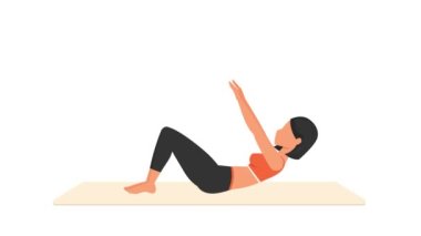 Abdominal mekik egzersizi. Paspasın üzerinde kadın egzersizi. Spor yapan bir kadın. Genç kız karakter eğitimli 2D animasyon. Spor ve sağlıklı yaşam tarzı kavramı.