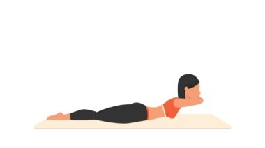 Uzatma egzersizi eğitimi. Paspasın üzerinde kadın egzersizi. Spor yapan bir kadın. Genç kız karakter eğitimli 2D animasyon. Spor ve sağlıklı yaşam tarzı kavramı.